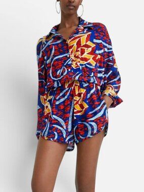 Desigual x Stella Jean Printed Romper Long Sleeve Smocked Waist Size Small